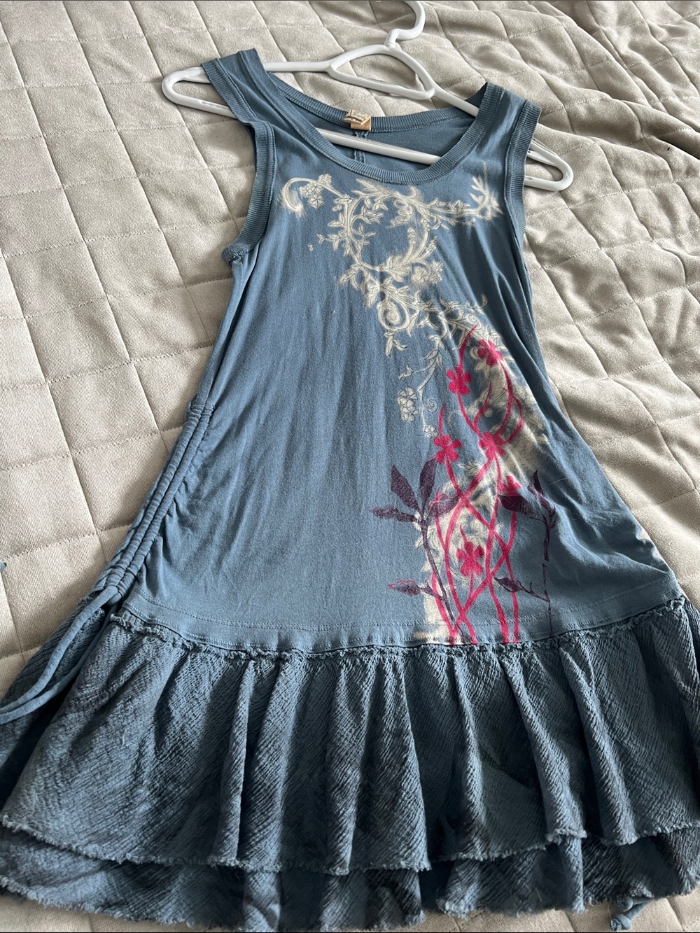 Free People Dusty Blue Floral Ruffle Tank Tunic